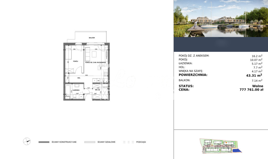 Mieszkanie 43,31&nbsp;m², Szczecin, Dąbie, Przestrzenna - zdjęcie 2